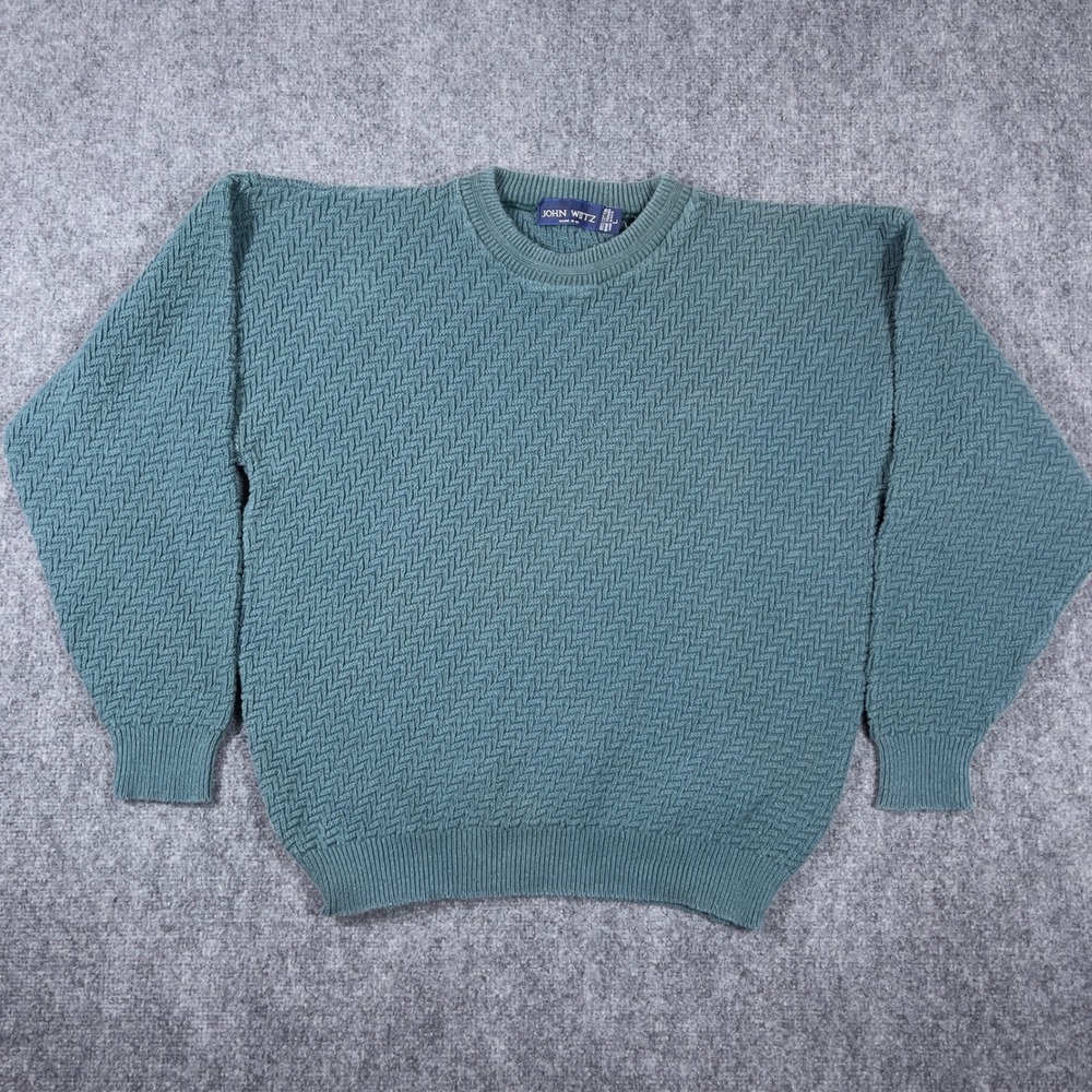 Vtg John Weitz Sweater Mens Large Teal Green Textured Knit Cotton Made in USA